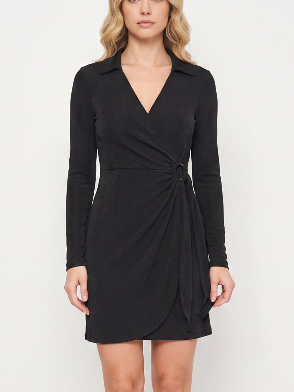 Just Polly Black Slinky O Ring Collar Long Sleeve Wrap Mini Dress
